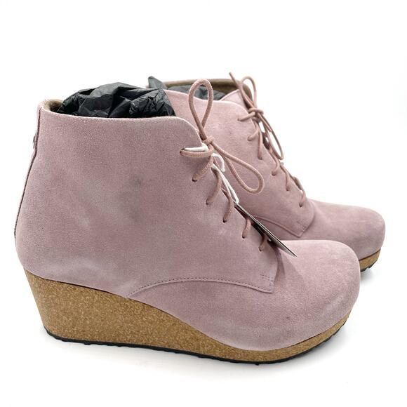 Papillio Birkenstock Edith Wedge Booties Pink Lace Up Suede Ankle Sz 38 / 7